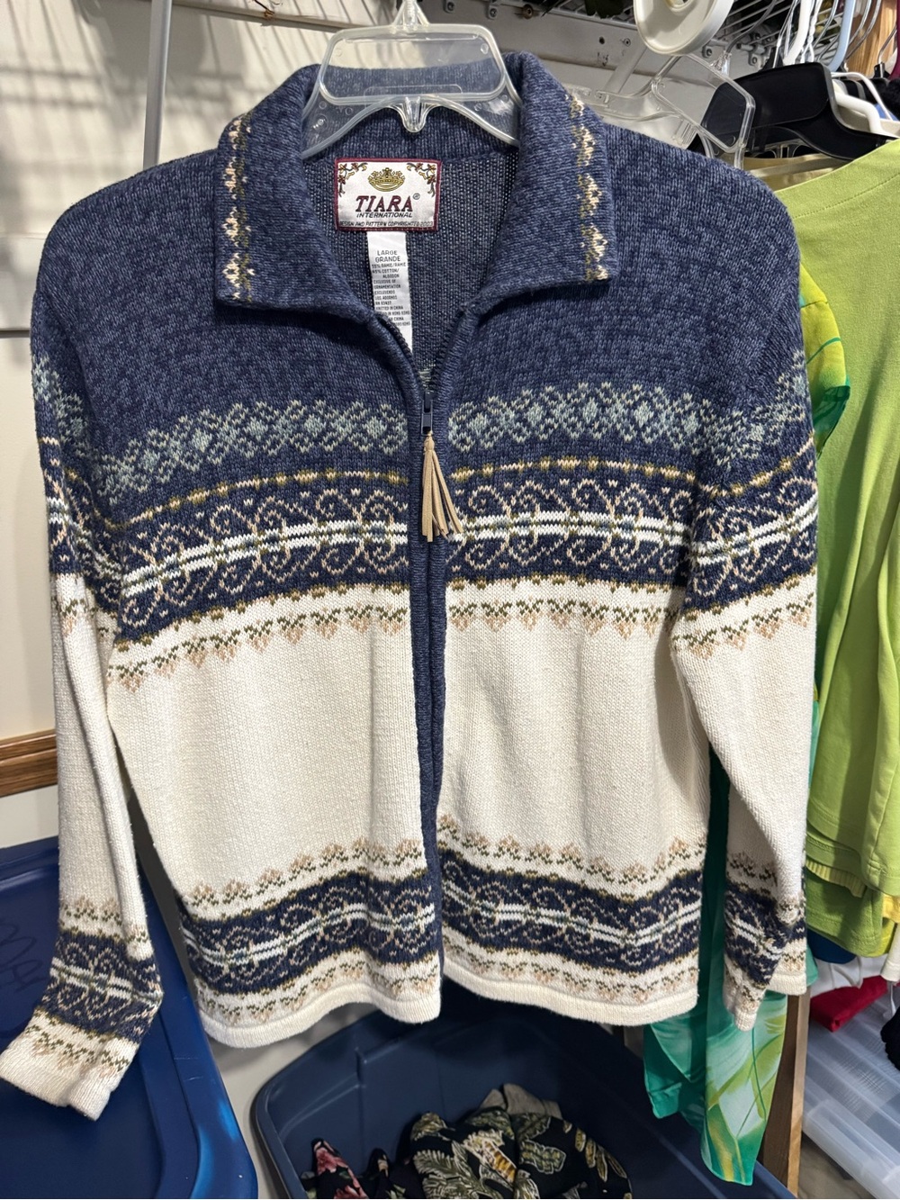 Vintage Tiara International Full Zip Up Cardigan Sweater blue and cream